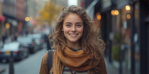 A confident woman walking in a vibrant city street, symbolizing joy and urban lifestyle. Ideal for lifestyle, fashion, and cityscape visuals.