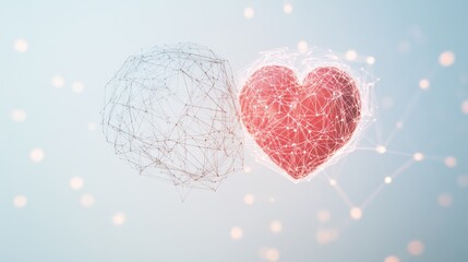 A creative depiction of a brain and heart connected by a network of light beams, set against a white background, Minimalist style