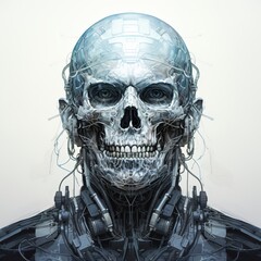 A creepy skull illustration with skeleton features, showcasing a detailed x-ray of a pirate’s head in black and white, symbolizing death and horror, perfect for Halloween or tattoo design