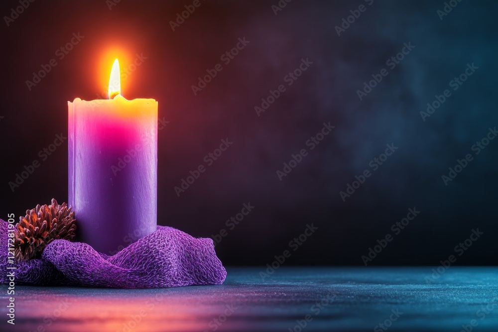 Aufkleber A flat design of a single lit candle in a dark room, its flame creating soft light and shadows on a plain white canvas