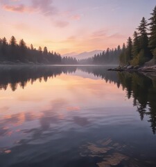 Fototapeta premium Soft watercolor texture on a serene lake at sunset, evening, nature, misty