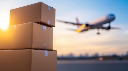 Plane flying over stacked boxes and air freight digital marketplaces in a blue sky