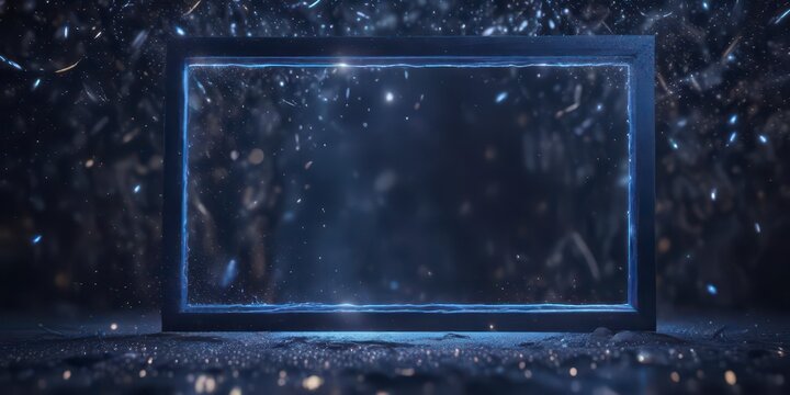 Sparkling dark blue frame with glitter bokeh and subtle light effects in a mystical, cosmic environment, dark blue,  glitter,  atmospheric