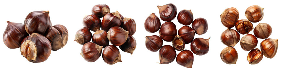 A collection of chestnuts showcasing their glossy, dark brown shells with variations in size and shape.