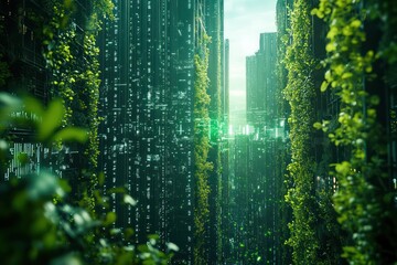 Urban jungle where nature and technology are seamlessly integrated, with greenery and digital elements intertwined