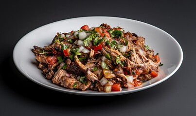 Deliciously tender carnitas served with fresh toppings on a clean white plate