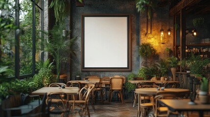 Stylish Blank Rectangular Frame Mockup in Modern Caf&eacute; Interior