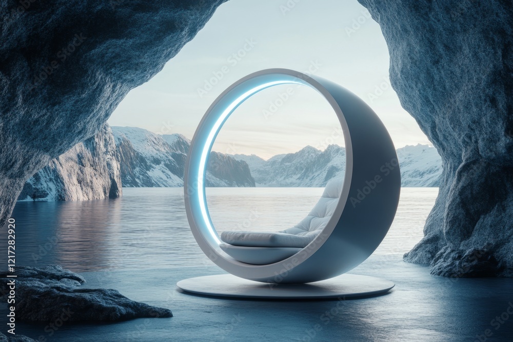 Poster a futuristic meditation pod glowing softly with ambient blue light, floating in a quiet space with h