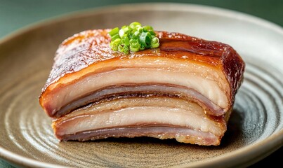 Delicious chashu topped with green onions served on a light brown plate against a muted green backdrop