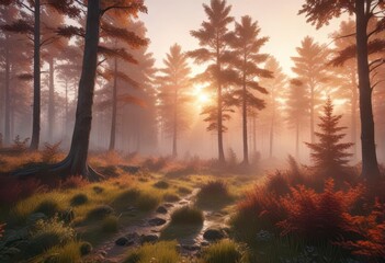 Obraz premium Sunset over a serene forest landscape with misty trees and vibrant foliage, mist, sunset