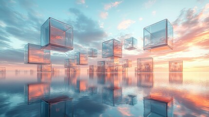 Above a reflective surface lies a surreal landscape of floating geometric shapes in metallic tones beneath a twilight sky