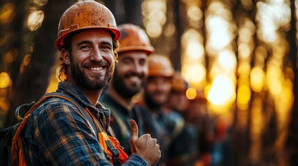 At sunset, a smiling construction worker gives a thumbs up on the job site, reflecting teamwork and safety standards in the industry