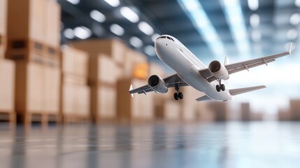 White airplane flying inside large warehouse with air freight safety measures in place