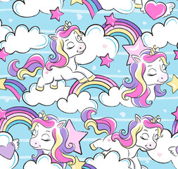 Fashion seamless pattern cute unicorn. Print for clothes and fabric. Cartoon character. Pony