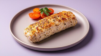 Delicate boudin blanc served with cherry tomatoes on a light grey plate against a muted purple background