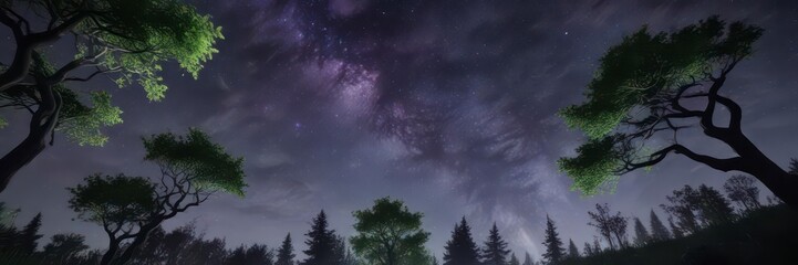 Naklejka premium Swirling greens and purples dance across the night sky as a gentle breeze stirs the trees , night sky, forest, northern lights