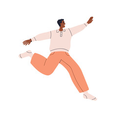 Excited young man jumping. Happy smiling carefree male character in active pose, flying movement in air, joy and fun, positive free energy. Flat vector illustration isolated on white background