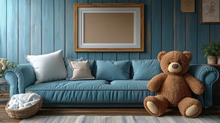 Cozy Living Room with Plush Teddy Bear and Teal Sofa