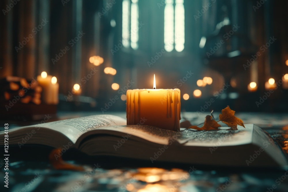 Poster a gothic depiction of a single lit candle in a dark cathedral, its light illuminating the intricate 