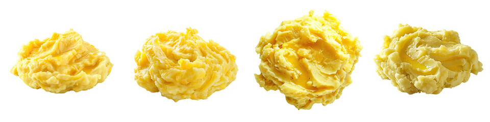 Four distinct clumps of mashed yellow potato arranged in a row, showcasing varying sizes and textures.