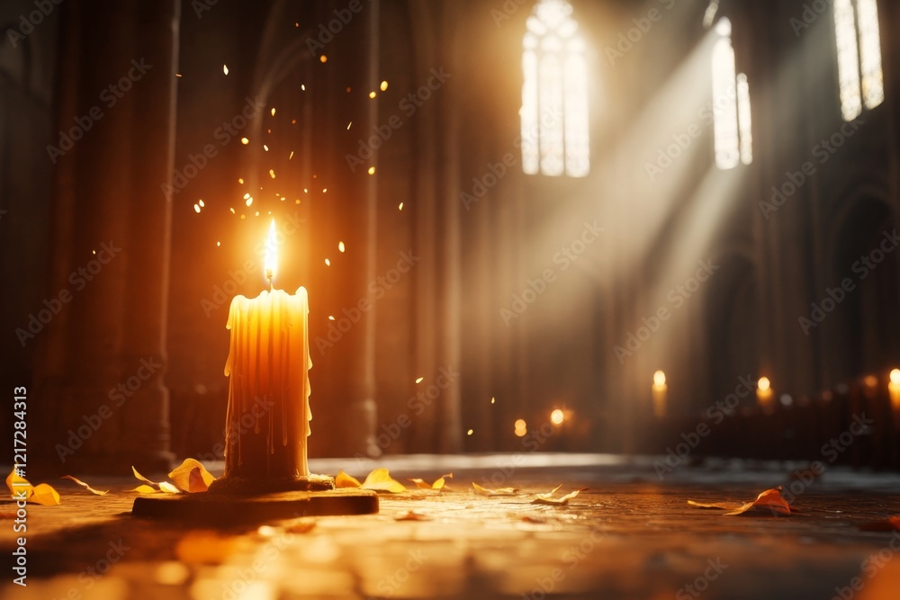 Poster a gothic depiction of a single lit candle in a dark cathedral, its light illuminating the intricate 