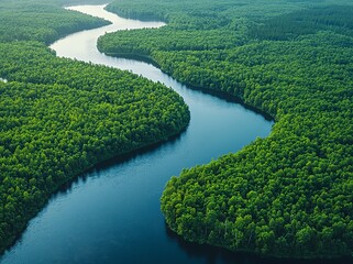 Fototapeta premium Aerial view of a green grass forest with towering pine trees and a winding blue river running through it