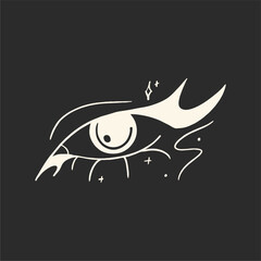 Creative makeup. Beautiful female eyes with fancy arrows. Cartoon eyes. Hand drawn illustration. Logo template, beauty and fashion. Modern makeup.