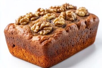 A freshly baked loaf of nut-studded bread, golden brown with a textured crust, showcasing walnuts...