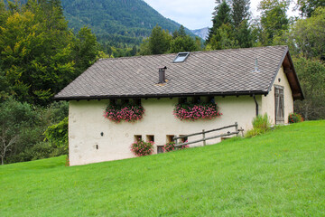Baita di montagna  con tetto di tegole di ardesia finestre con fiorere di fiori lilla nel prato verde con bosco e cielo