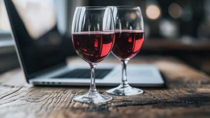 Romantic Red Wine and Laptop: Two glasses of rich red wine stand elegantly on a rustic wooden table, next to a laptop, hinting at a relaxed evening of virtual connection and indulgence. 