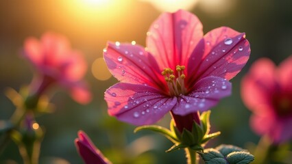 Fototapeta premium Close-up of a pink flower in a sunlit field 