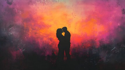 Romantic Silhouette of a Couple Kissing Against a Vibrant Sunset