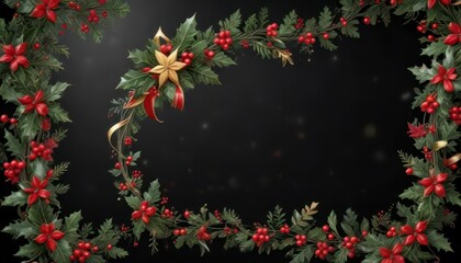 Fototapeta premium Swirl ribbons and stars on black background with festive holly decorations, decorations, swirly