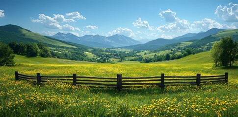 Under a bright blue sky, a peaceful farmland spreads with vibrant grass and gentle rolling hills