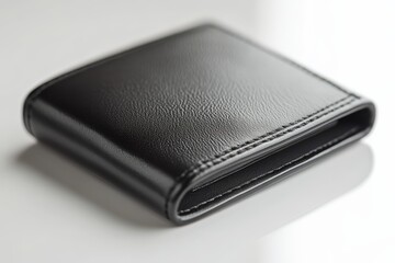 A sleek black wallet with a textured finish, resting on a reflective surface, showcasing minimalistic design and modern aesthetics.