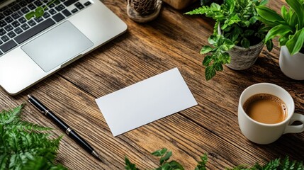 Empty White Business Card Mockup on Rustic Wooden Desk