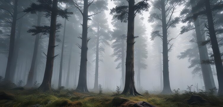Tall majestic trees in a misty forest clearing,  foliage,  woods, forest