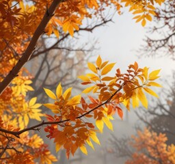 Warm autumn branch with vibrant leaves in shades of orange and yellow branches out towards camera,  outdoors,  seasonal