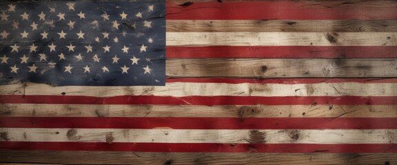 Fototapeta premium Vintage-inspired grunge American flag with faded red stripes and torn corners, weathered wood texture , american flag, torn
