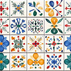 Colorful floral tile patterns in grid layout, featuring various designs and vibrant colors. artwork showcases intricate details and harmonious blend of shapes and hues