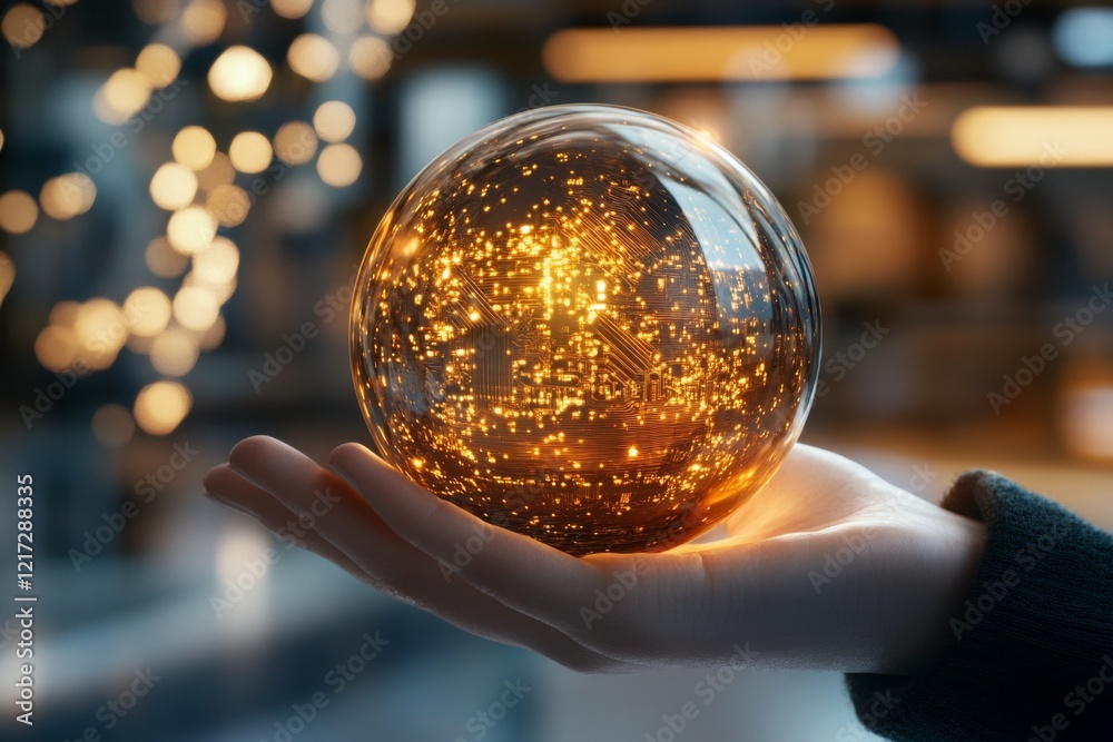 Aufkleber A hyper-realistic close-up of a glowing bitcoin in a person hand, with the background showing a blurred financial trading floor