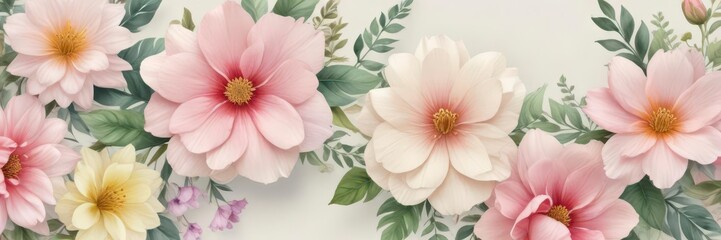 Watercolor petal design adorns a pastel-hued floral border ,  romantic decor,  pastel colors,  garden-inspired designs