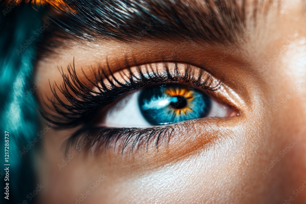 Poster a hyper-realistic close-up of a person worried eyes, with detailed lines, tense brows, and a faint r