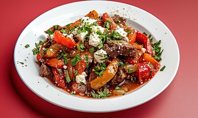 Enjoying Fergesë, a savory casserole with peppers, lamb, and feta on a smooth white plate against an earthy red backdrop