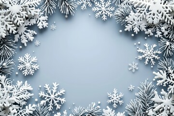 The scene showcases a snow background with grey, out-of-focus Christmas snowflakes, evoking winter and holiday white snowflakes