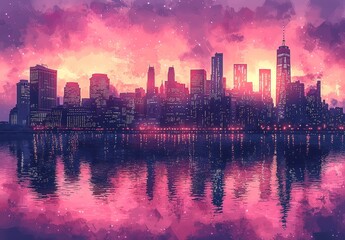 Fototapeta premium A watercolor painting featuring Manhattan's towering skyscrapers as the sun sets - New York city architecture