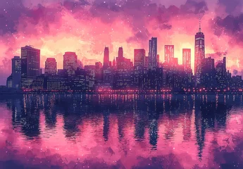 A watercolor painting featuring Manhattan's towering skyscrapers as the sun sets - New York city architecture