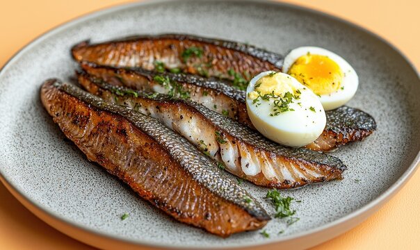 Grilled kippers served with boiled eggs on a smooth grey plate against a muted light orange background