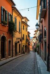 Fototapeta premium a street with cobblestones and Italian houses in cinematic style