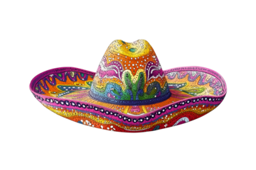 Colorful straw sombrero hat with vibrant rainbow stripes and decorative band on a white background, perfect for festive celebrations and cultural events	
